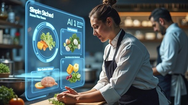 donna che cucina con schermo con realtà aumentata